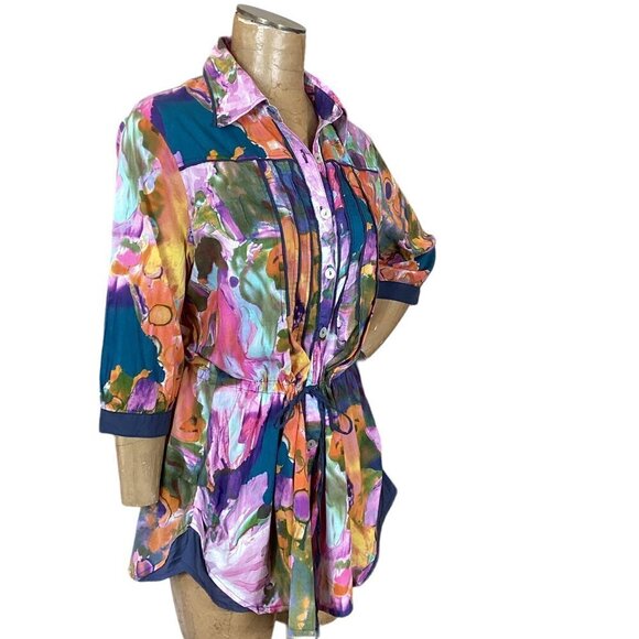 Bold Watercolor Button Down Pleated Tunic Top Tie Waist Sz XL Kings County #270B - Picture 4 of 9
